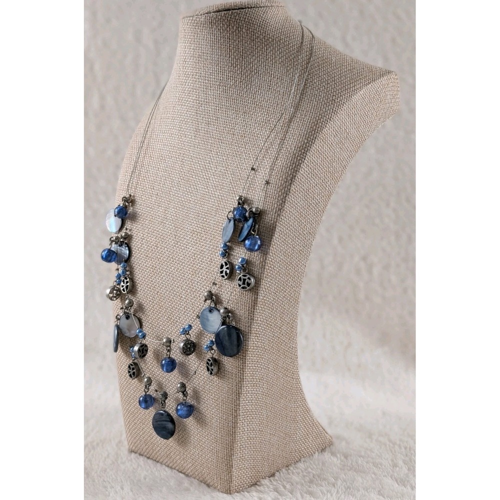Blue Beaded Charm Necklace Silver Tone Layered Wire Statement Boho